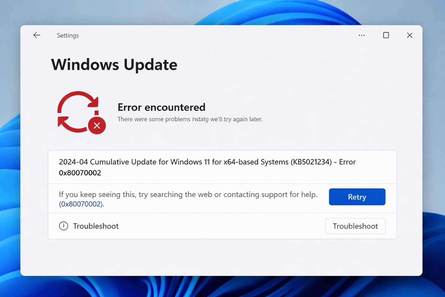 Windows Update error code 0x80070002 in Windows 11
