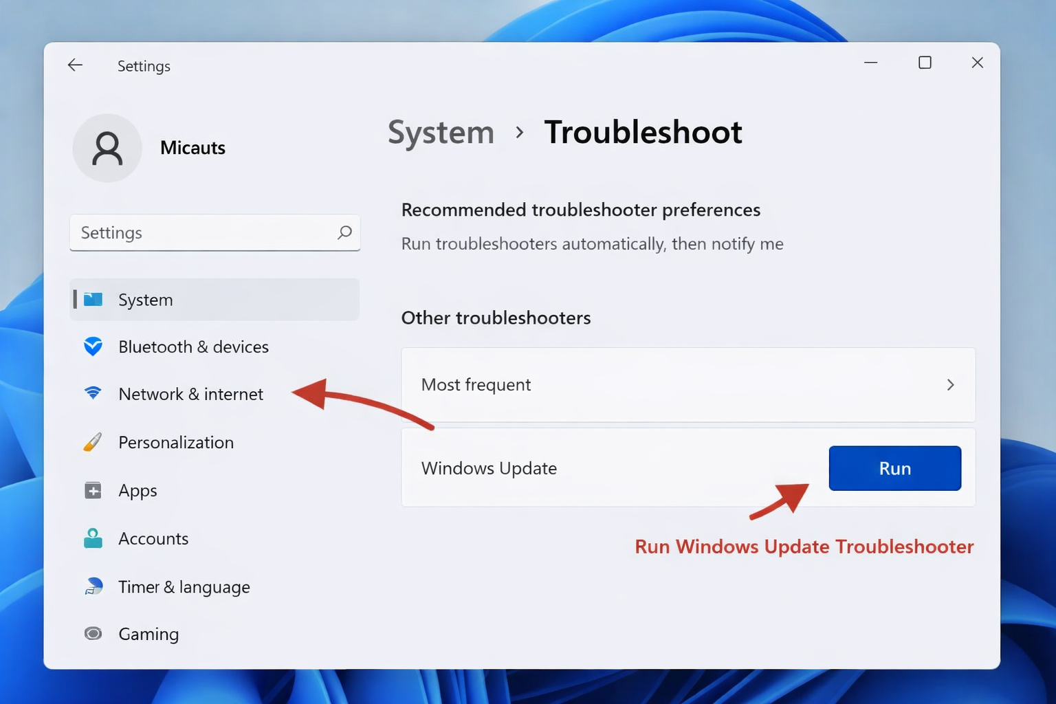 Running Windows Update troubleshooter in Windows 11